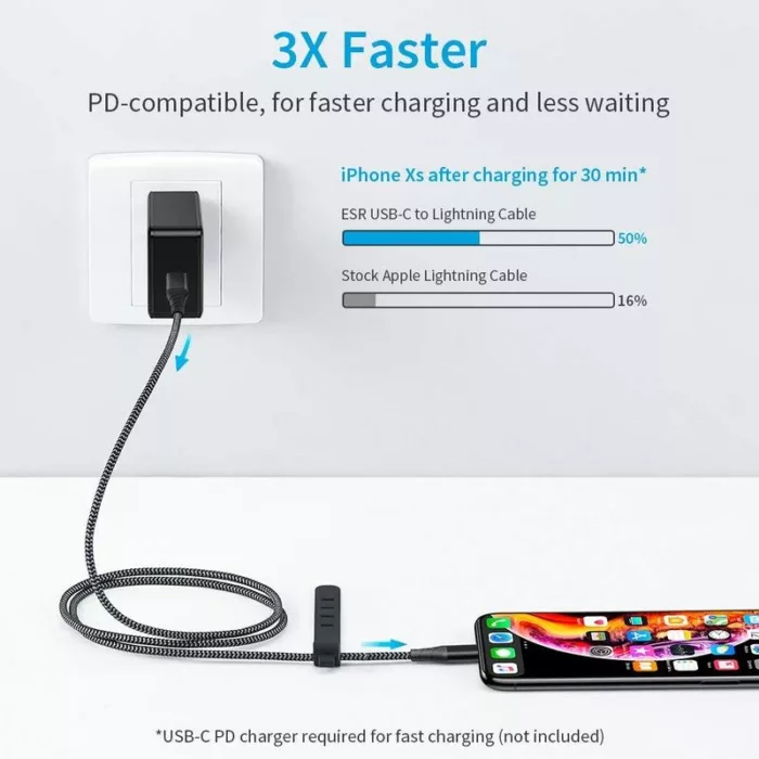 כבל ESR 2m MFi USB-C to Lightning PD Charging Cable צבע אפור